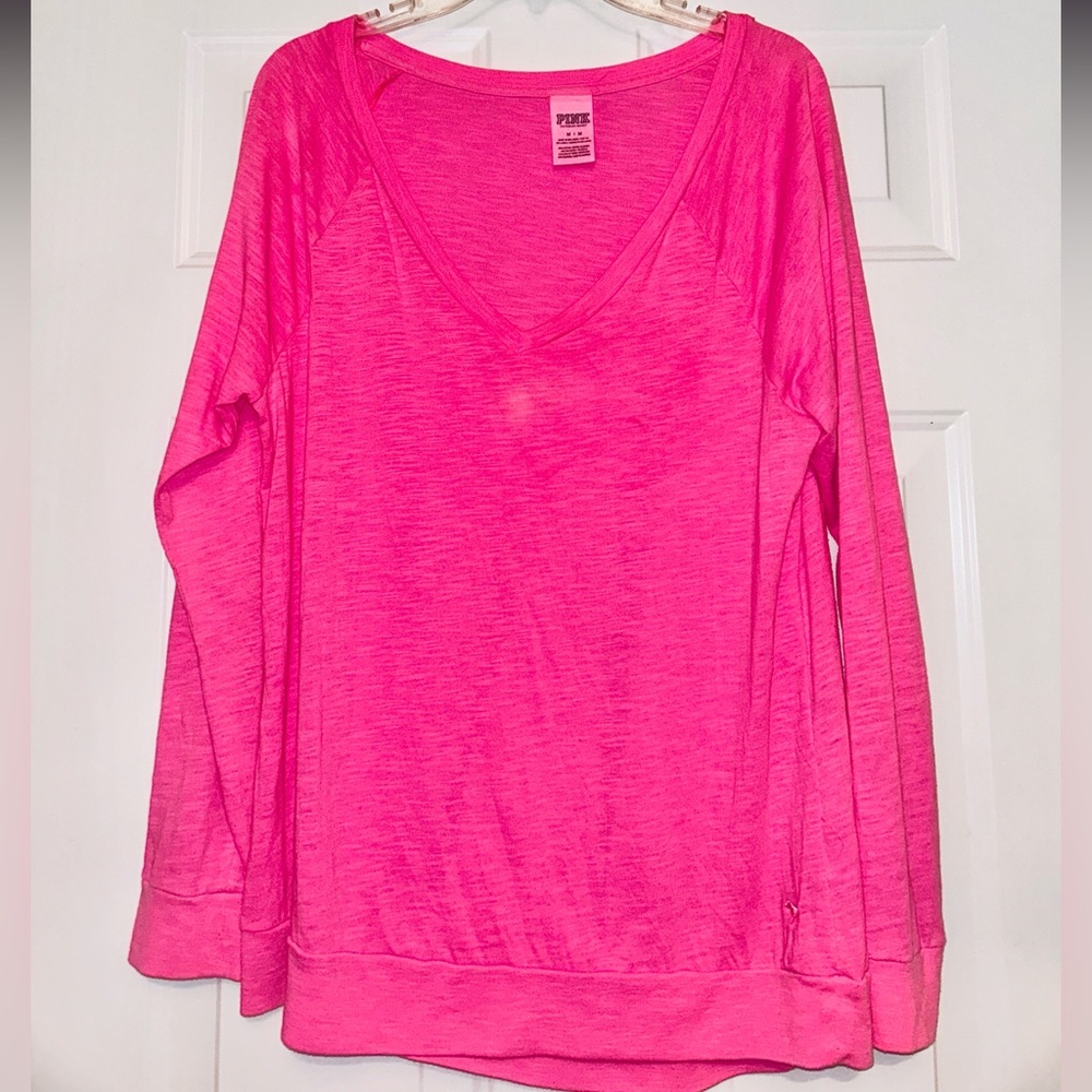 Victoria’s Secret PINK Women's LS V-Neck T-Shirt M Neon Pink Casual